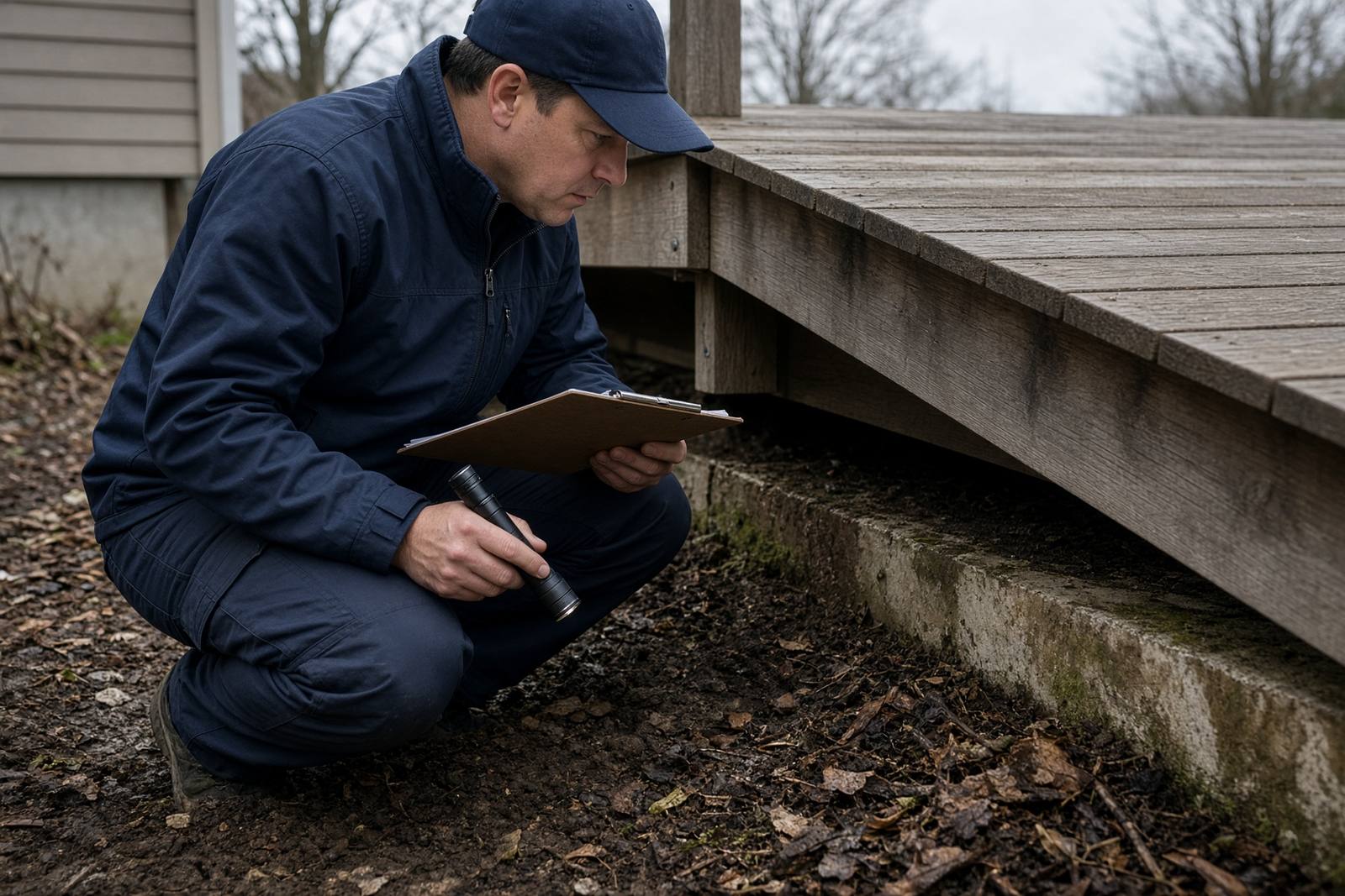 Technician inspecting a building perimeter at grade