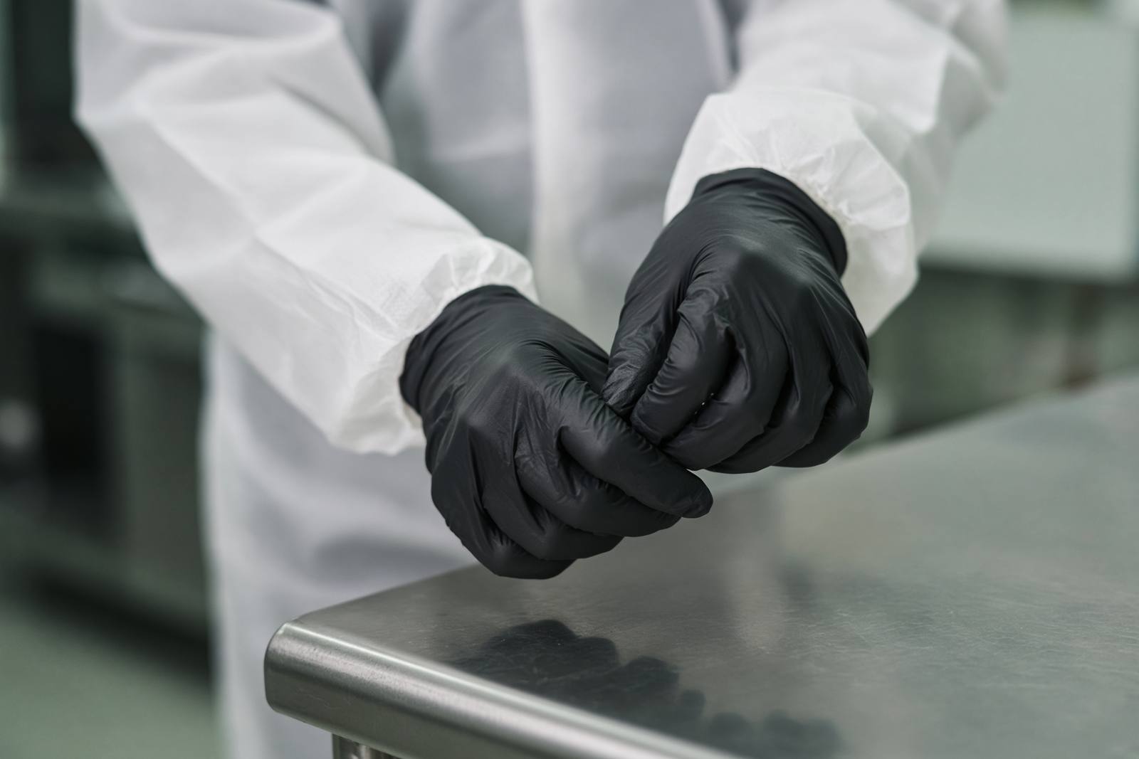 Gloved hands preparing for a clinical inspection